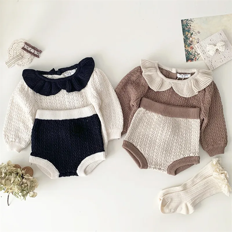 INS Hot Sale Newborn Baby Girls Knitted Clothes Outfits Ruffled Neck Sweater +Bloomers Toddler Infant Fall Winter Knit Suits