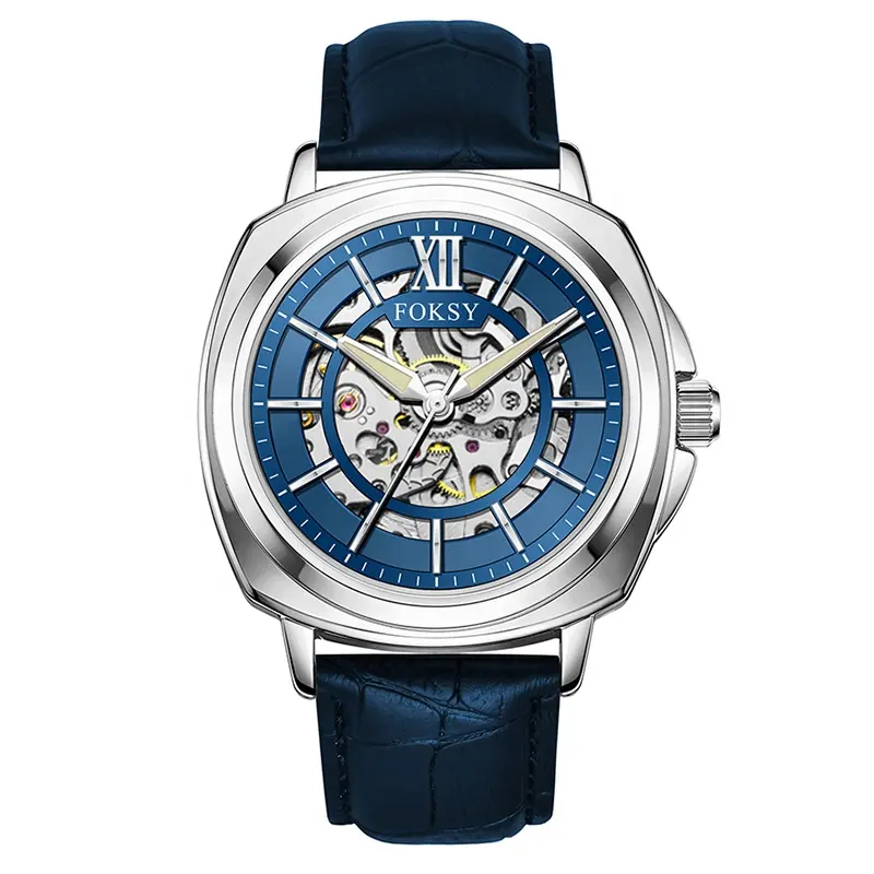 Logotipo personalizado azul relógio de malha, pulseira homens, esqueleto mecânico automático, relógios de moda de luxo, venda imperdível