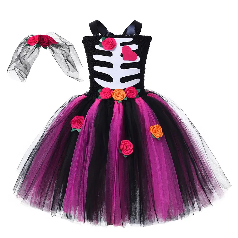 Vestidos para niñas, disfraz para niños europeos y americanos, vestido de princesa Emily Skeleton, disfraz de fantasma, novia de dibujos animados de Halloween M232