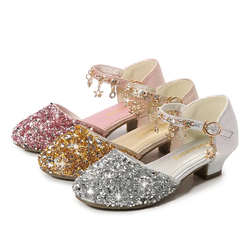 Bellezza ragazza tacco alto nappa oro rosa nozze scarpe quotidiane per bambini paillettes cristallo festa di compleanno principessa scarpe