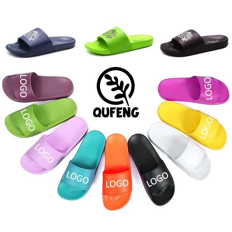 Qufeng-Sandalias deslizantes de goma eva para hombre, chanclas deslizantes con logotipo personalizado, color negro