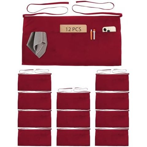 Lot de 12 tabliers de serveuse avec 4 poches - Rouge vin
