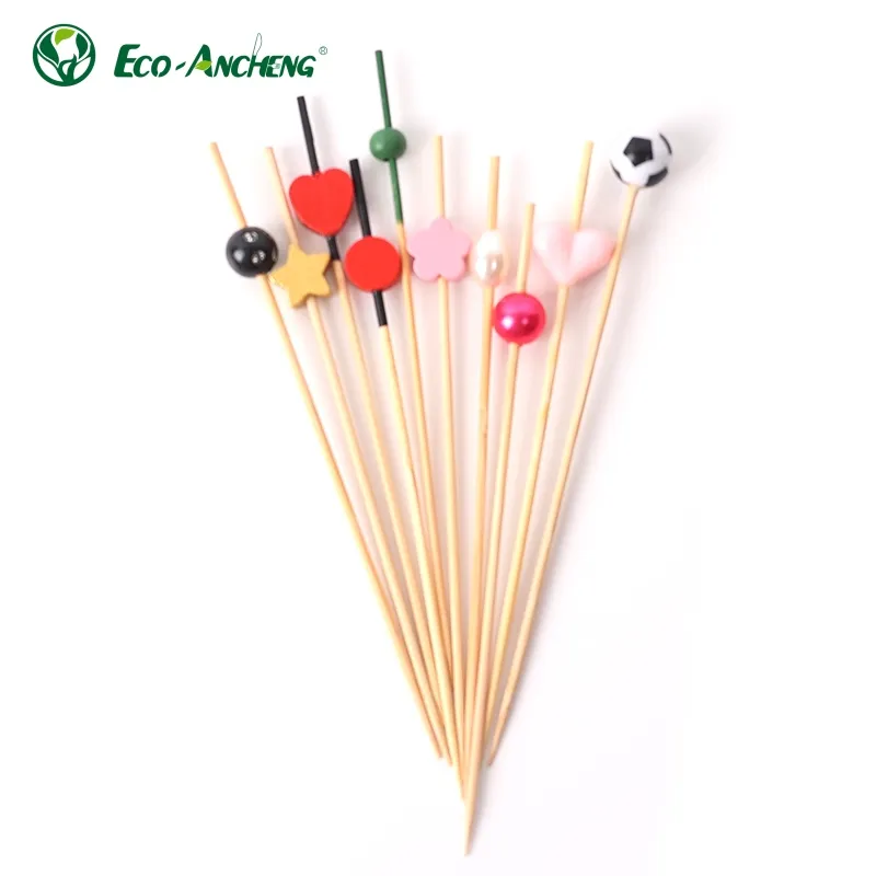 Custom Eco-friendly Cocktail Party Espetos Comida Bead Decoração Bambu Bead Fruit Pick Stick