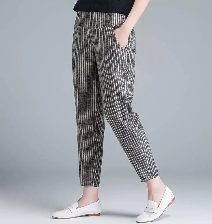 Pantalones de algodón y lino a la moda para mujer, pantalones informales holgados de cintura alta de talla grande, pies pequeños, elásticos, harén