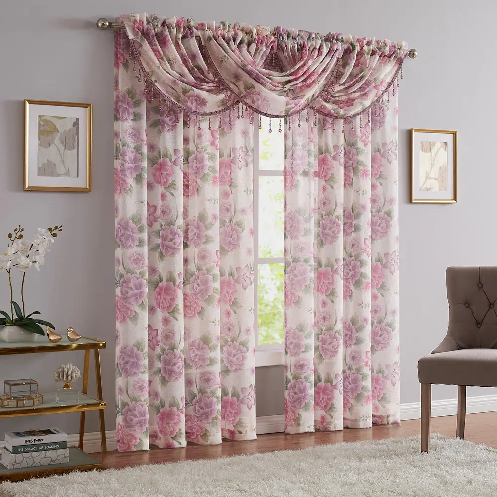 Hot selling modern luxury european gold printed window sheer livingroom curtains with valance beads attached