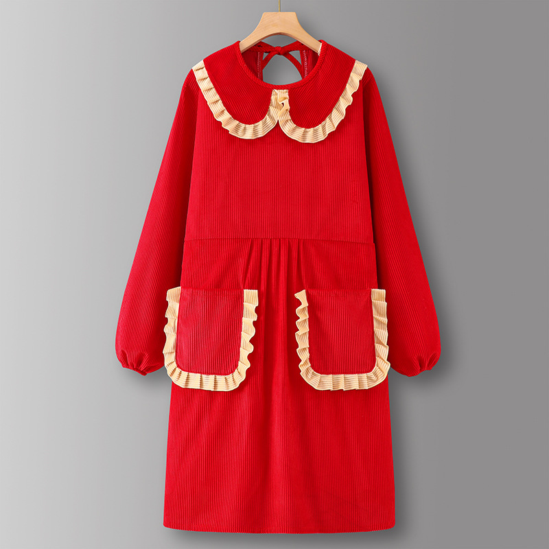 RedLZ801Corduroy doll collar long sleeve Coverall