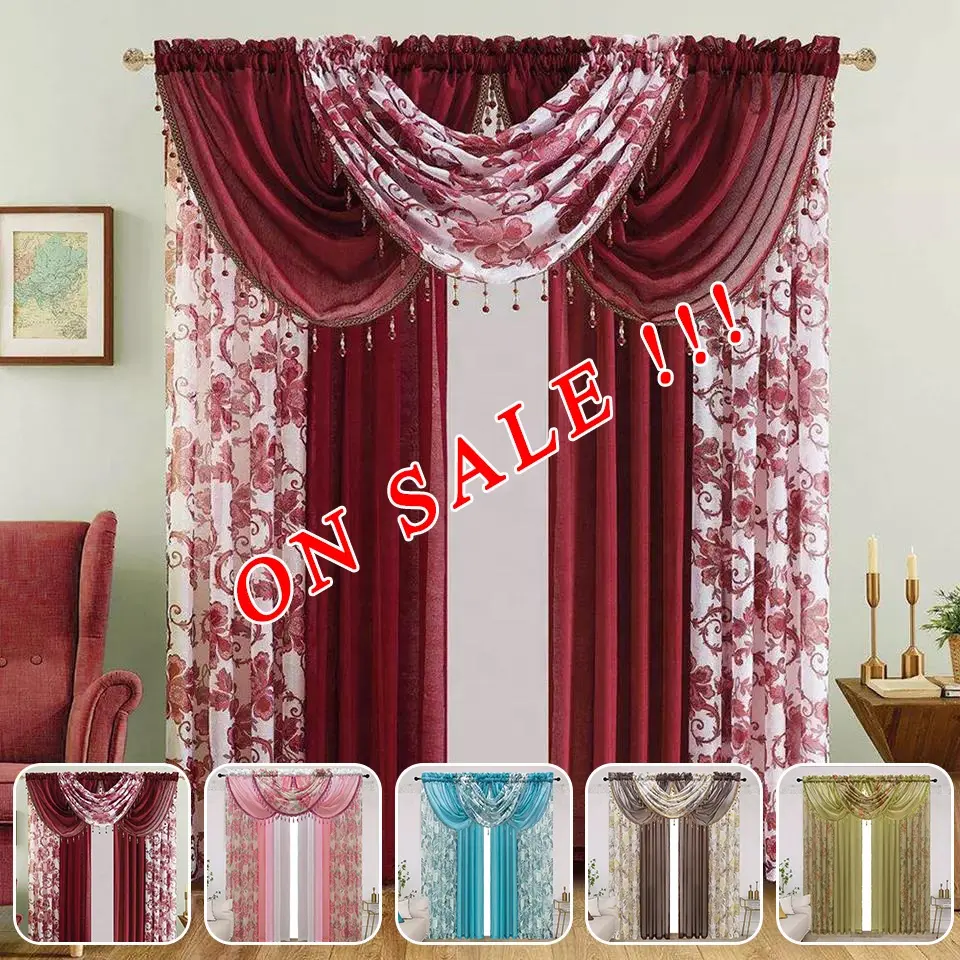 Cortina de janela de luxo com estampa, cortina para janela de luxo feita em tule transparente, com estampa, valance, para casa, sala de estar