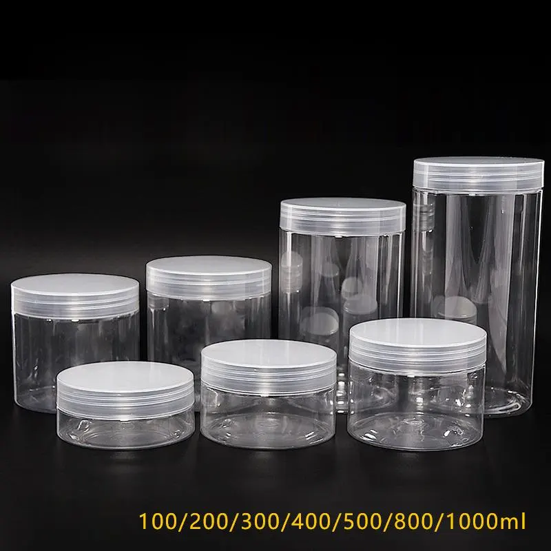 하이 퀄리티 92mm 100/200/300/400/500/800/1000ml PET BPA 무료 원형 투명 식품 항아리 투명 플라스틱 항아리 뚜껑