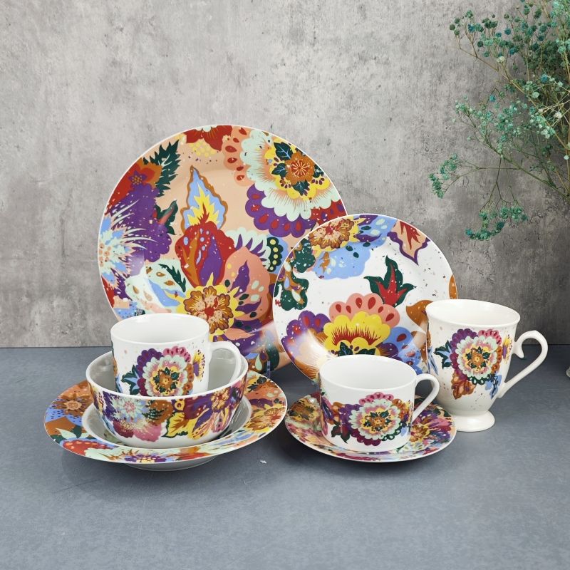 Good Quality New Bone China Full Decal Fancy Flower Design Ceramic 30pcs Dinnerware Set 2