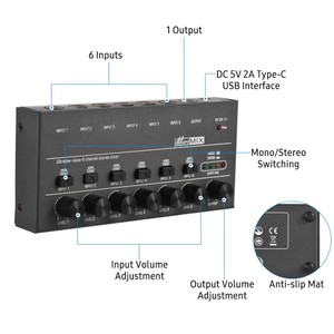 Mezclador estéreo de línea de 6 canales de ruido ultra bajo 6 entradas 1 salida Mono y conmutación estéreo DC 5V Mini mezclador de Audio portátil - Product Image 4