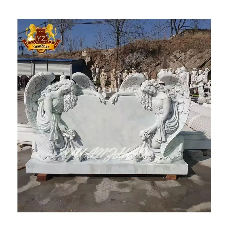 Customized Funeral Stone Granite Double Angel Heart Headstones Marble Weeping Angel Engraving Sculpture Stone Tombstone