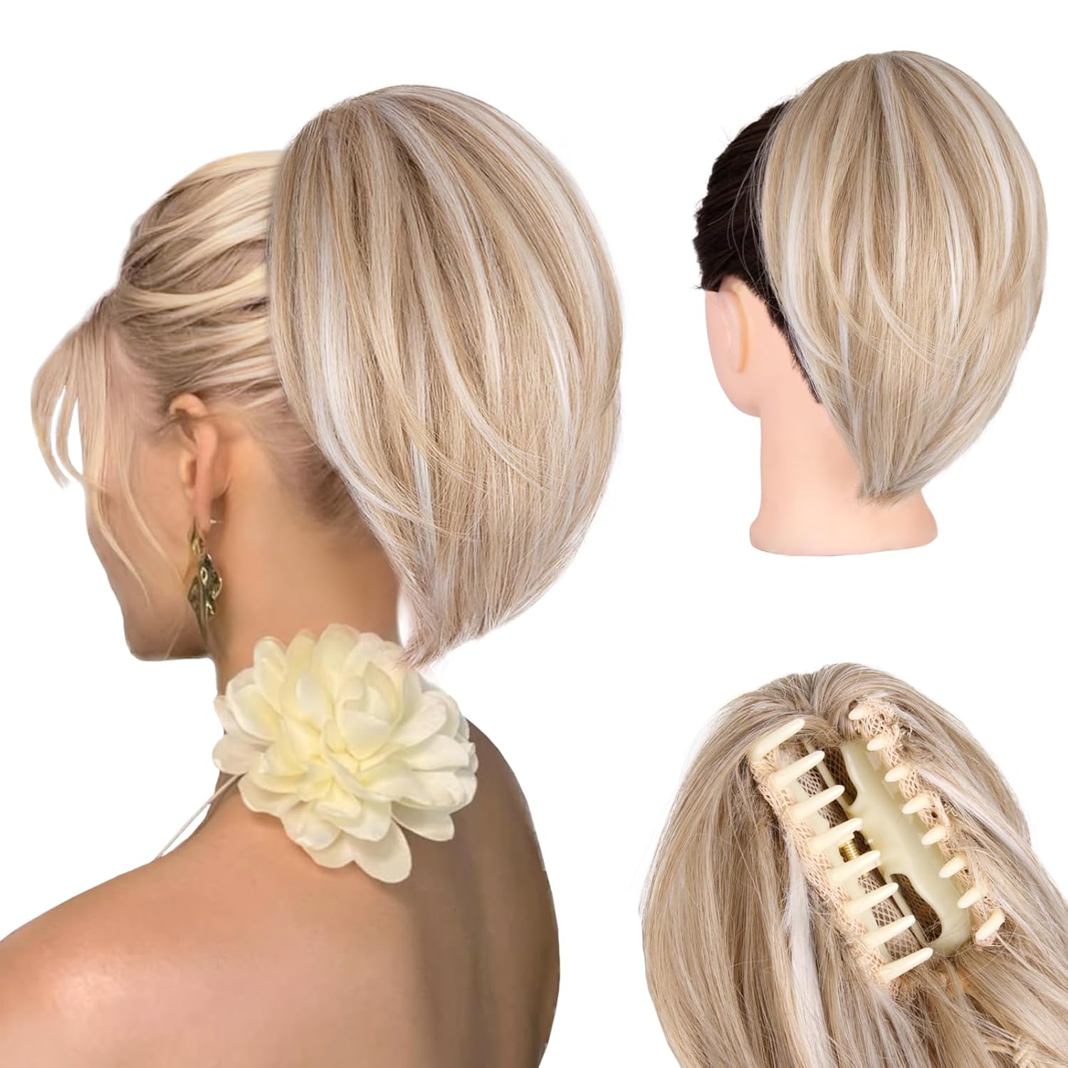 Blond cendré avec mèches blanches