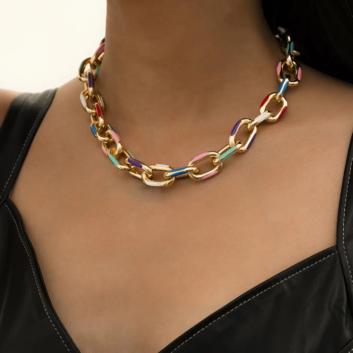 18k Gold Plated Hip Hop Punk Nightclub Bar Metal Cuban Link Chain Bracelet Bangle Necklace for Women