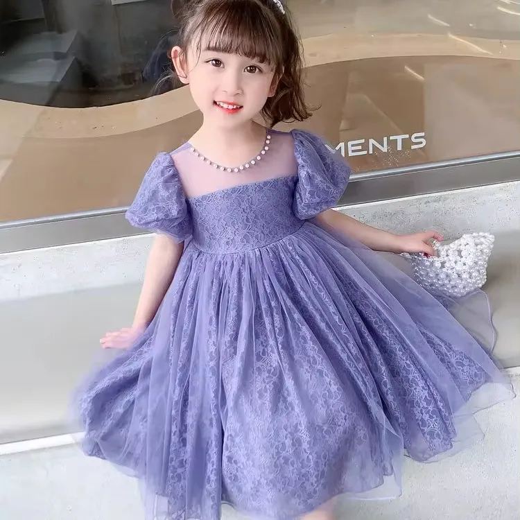 Vestido de manga curta para meninas, saia princesa de gaze de malha infantil, vestido de verão com laço para crianças pequenas