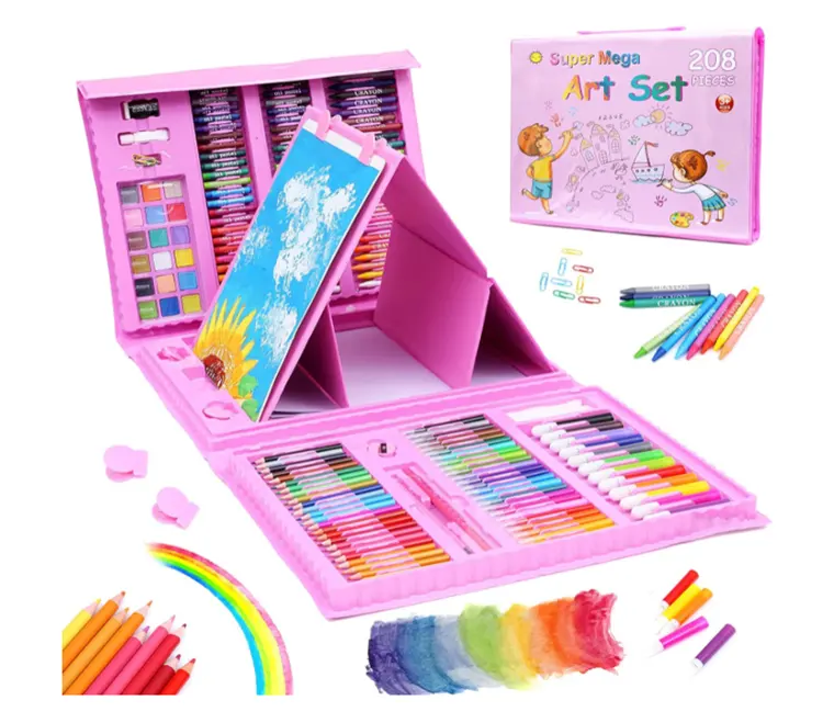 Meilleur vendeur 208 pièces boîtier en plastique non toxique enfants peinture dessin Art ensemble livre de coloriage papeterie ensemble avec chevalet