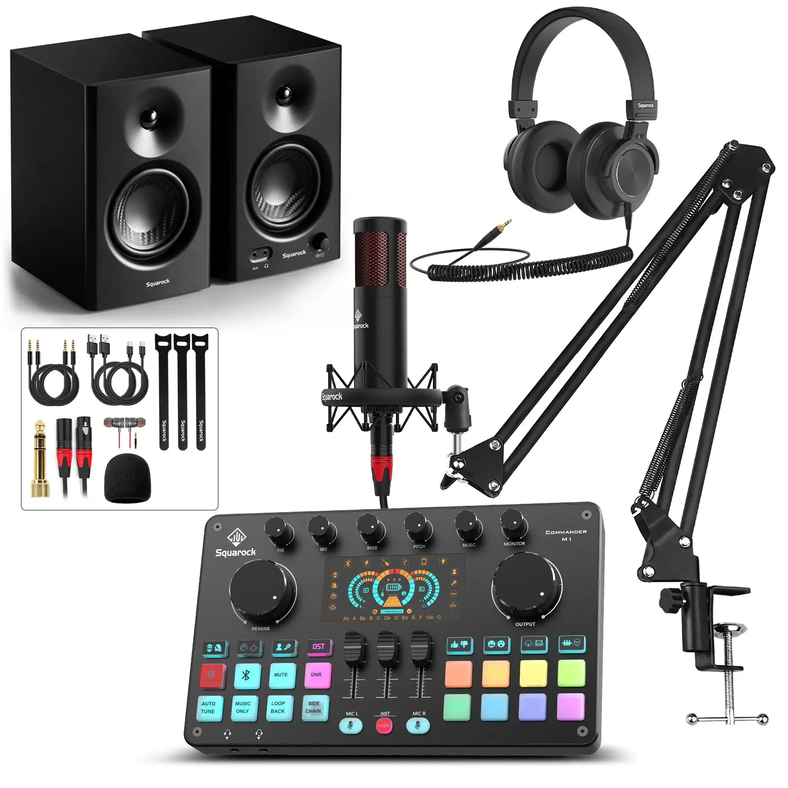 Quarock-Equipo de Estudio ecording con auriculares icrophone, kit de equipo de transmisión de Podcast, 5/48V