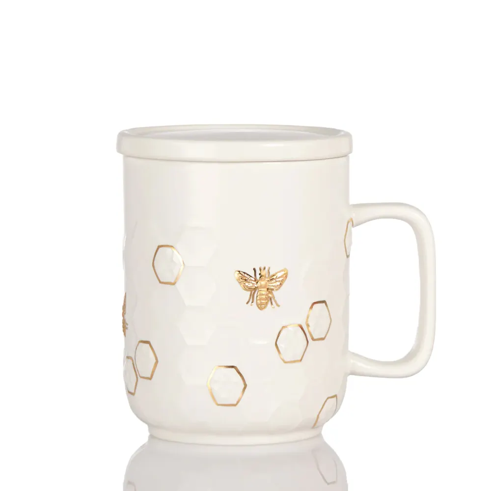 Acera Liven Honey Bee Mug with Lid Ceramic Tumblers Crafted with Beautiful Designsホワイトと手描きのゴールドビー