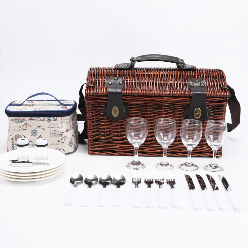 Wicker Material strap Europe food storage outdoor beach camping wholesale cesta picnic basket for 4