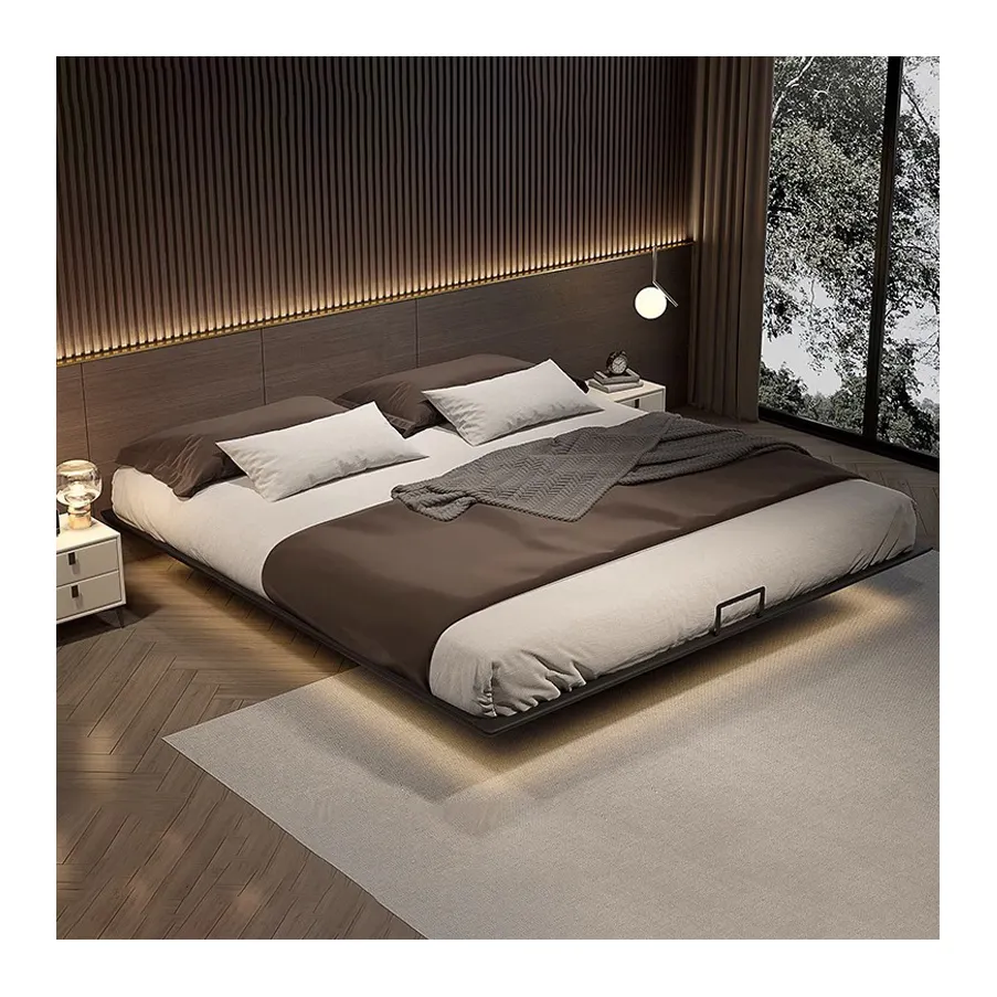 Cama de dormitorio estilo Tatami de diseño ligero y lujoso, muebles con marco de madera, cama doble flotante de madera maciza sin cabecero