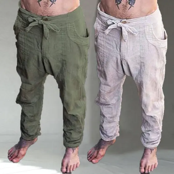 Pantaloni da jogging casual in lino con tasca con coulisse da uomo bianco verde militare con stampa personalizzata all'ingrosso per uomo