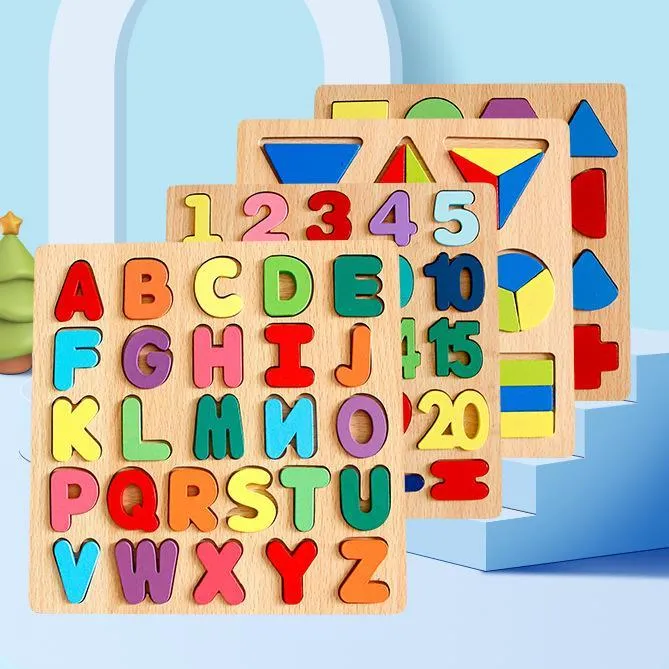 Nomor Kayu Anak-anak Huruf Bentuk Geometris Papan Puzzle Jigsaw Pasangan Tangan Ambil Panel Pendidikan Awal
