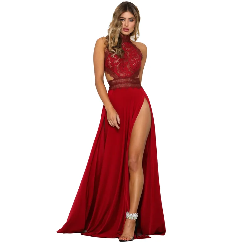 Vestido longo de noite para senhoras, vestido longo de beleza com fenda, renda europeia, costas nuas, sexy