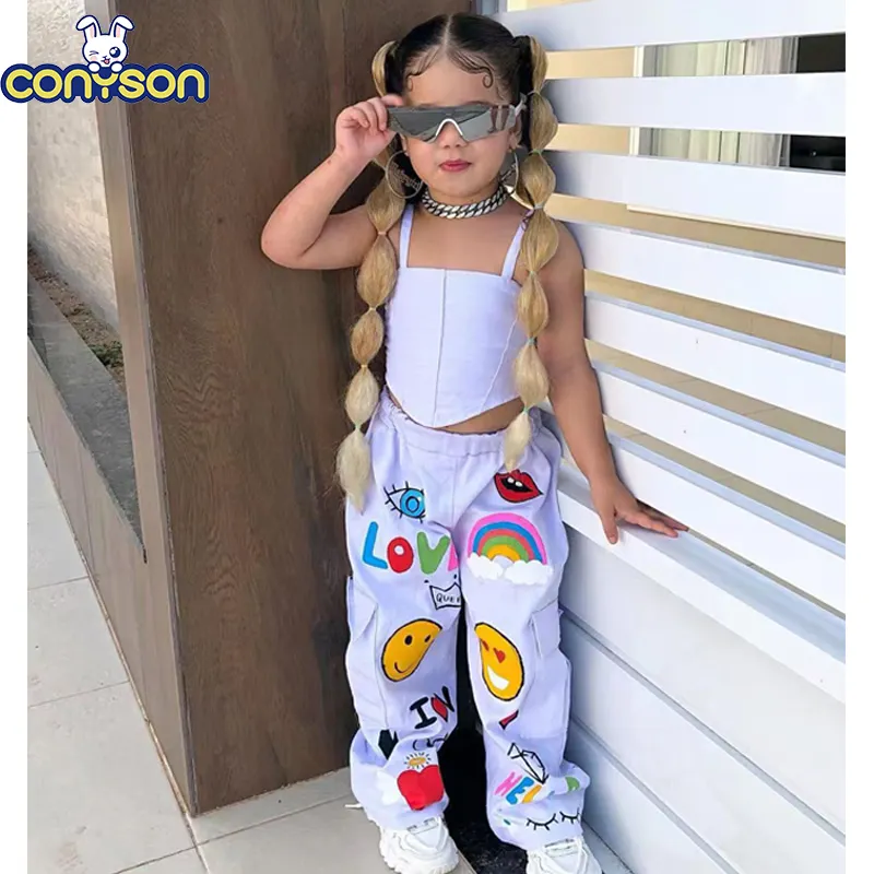 Conyson été bébé enfants mignon vêtements pour enfants 2023 nouvelles filles mode décontracté sangle dessin animé imprimé pantalon deux pièces fille ensemble