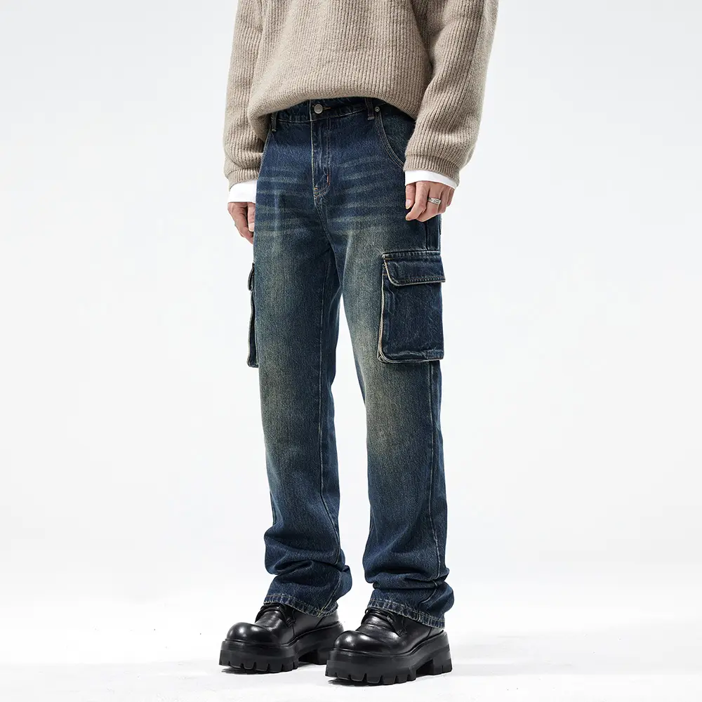 Stile di strada pantaloni da carico dritti da uomo pocket design senso tendenza lavaggio jeans uomo