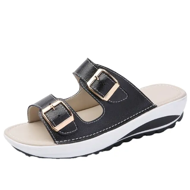 Frauen Hausschuhe Schnalle Echt leder Slides Schuhe solide dicke Sohle Absätze Strand Sandalen Frauen außerhalb Flip Flops Sommer