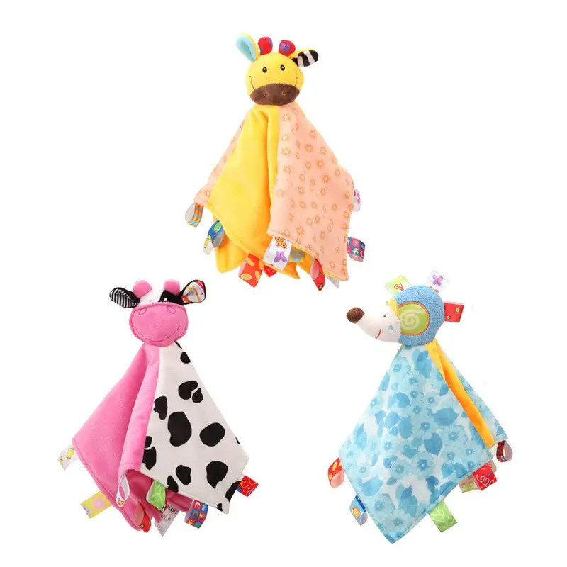 Toalla de animales de peluche personalizada al por mayor, juguete de vaca jirafa para niños con sonajero, manta de bebé, edredón, manta de seguridad
