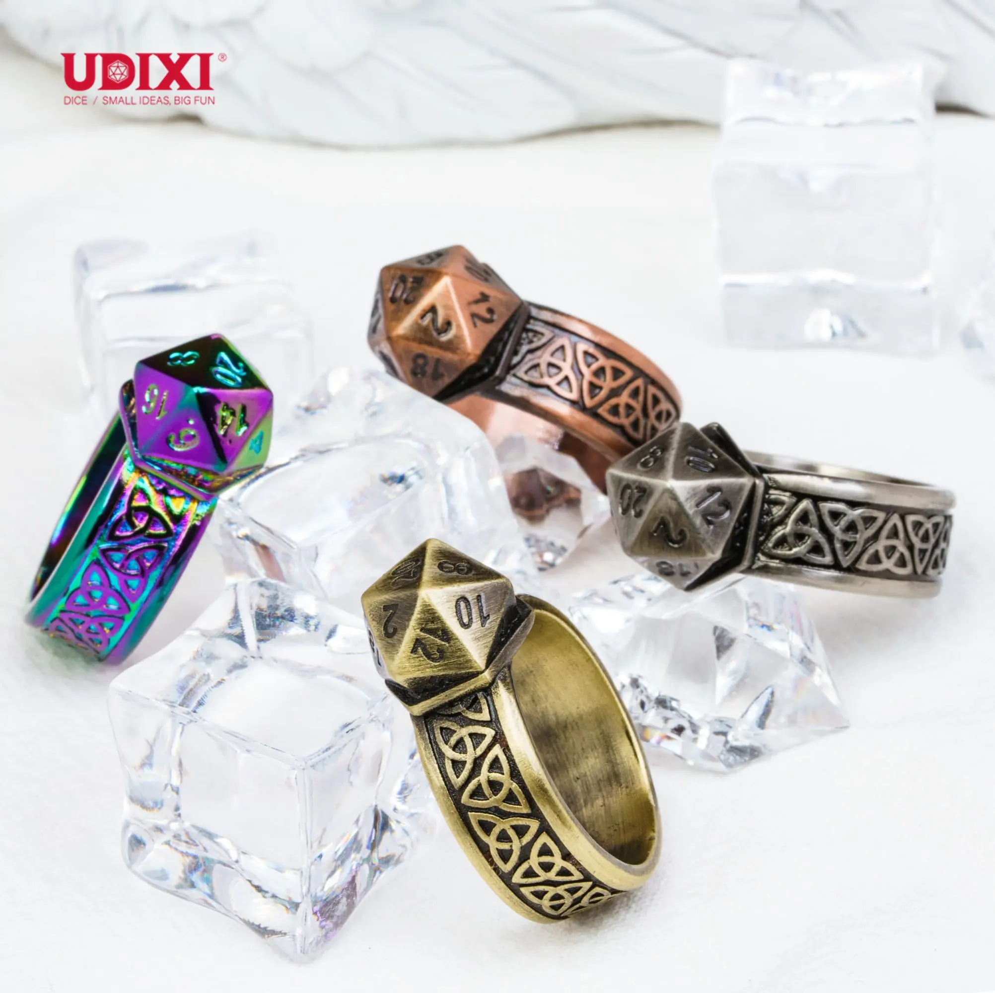 Udixi – bague de dés en métal, logo personnalisé polyèdre rpg donjons et dragons, incrustation D20