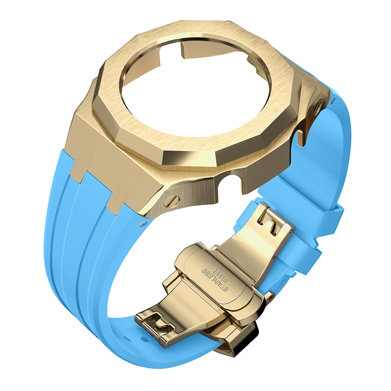 Boîtier doré - Bracelet bleu clair