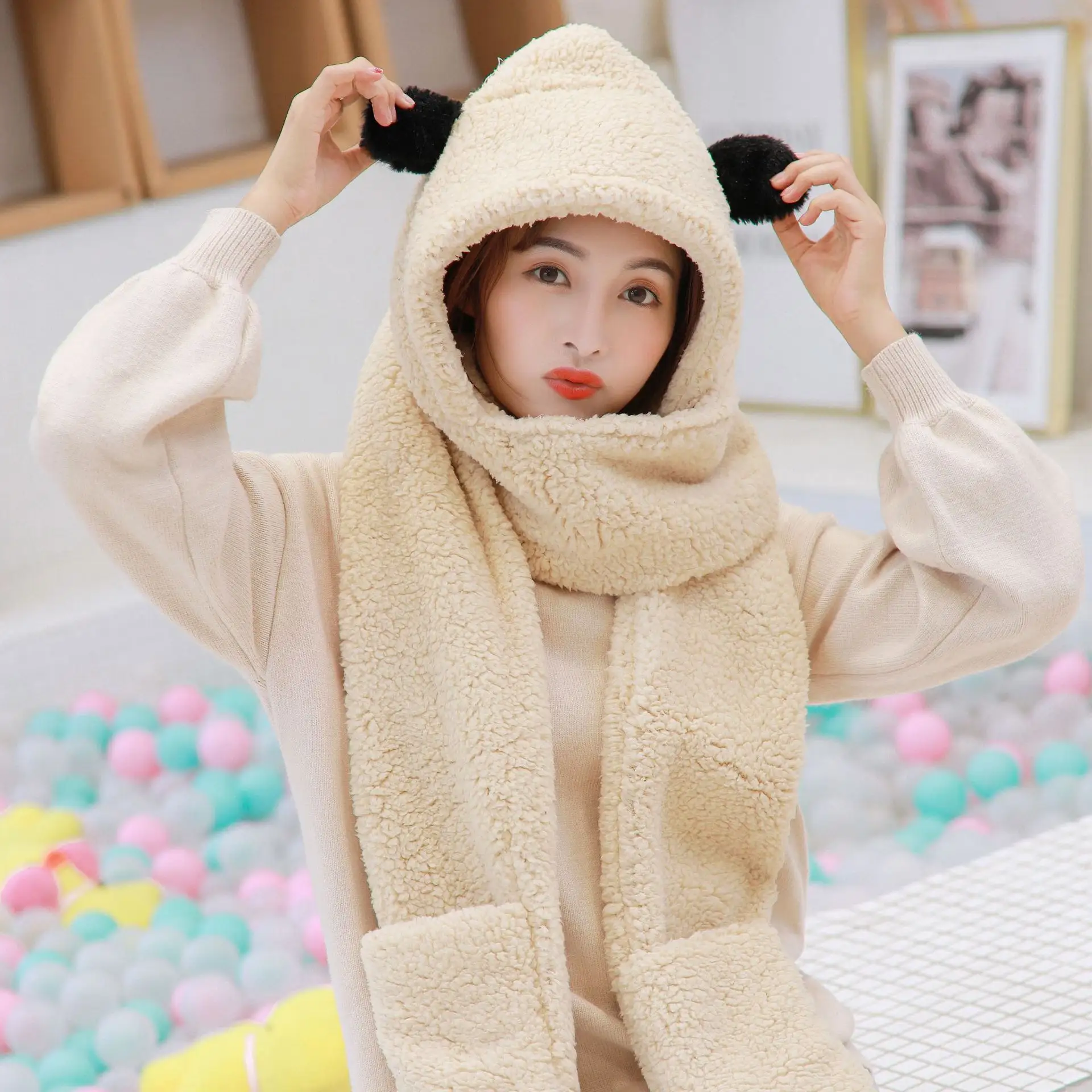 Bufanda con capucha para mujer, bufanda de felpa de Color de orejas de gato de Corea del Sur, protección para las orejas cálida, conjunto de gorro y bufanda de invierno
