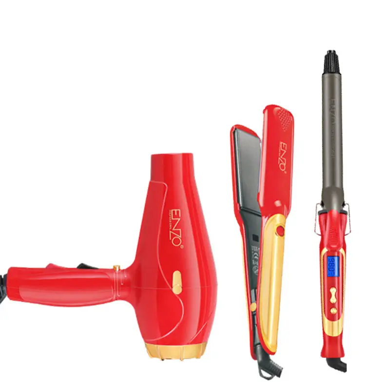 ENZO Wholesale red cute Hair beauty tools LCD display 3 in 1 travel set auto hair curler straightener and hair dryer