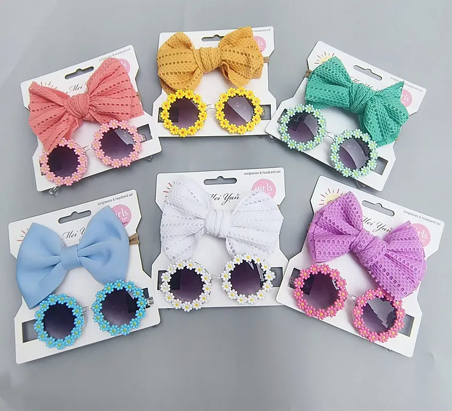 Fasce per capelli per bambina fiocchi per capelli per bambini con set di occhiali fiocco a forma di fiore con accessori per foto all'aperto occhiali da sole occhiali da sole