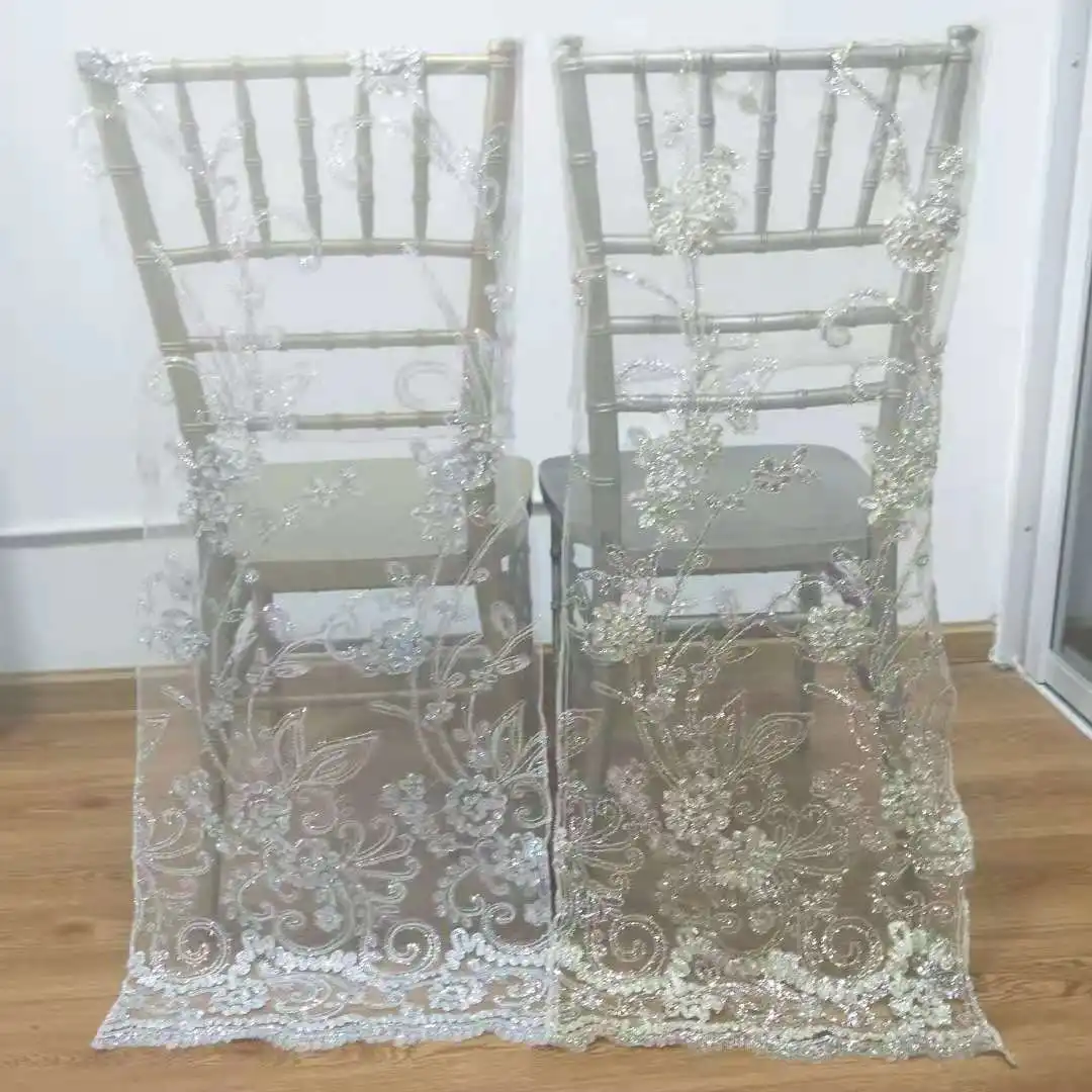 Fundas traseras de silla de poliéster con malla de encaje bordado, decoración de boda, nuevo diseño, venta al por mayor