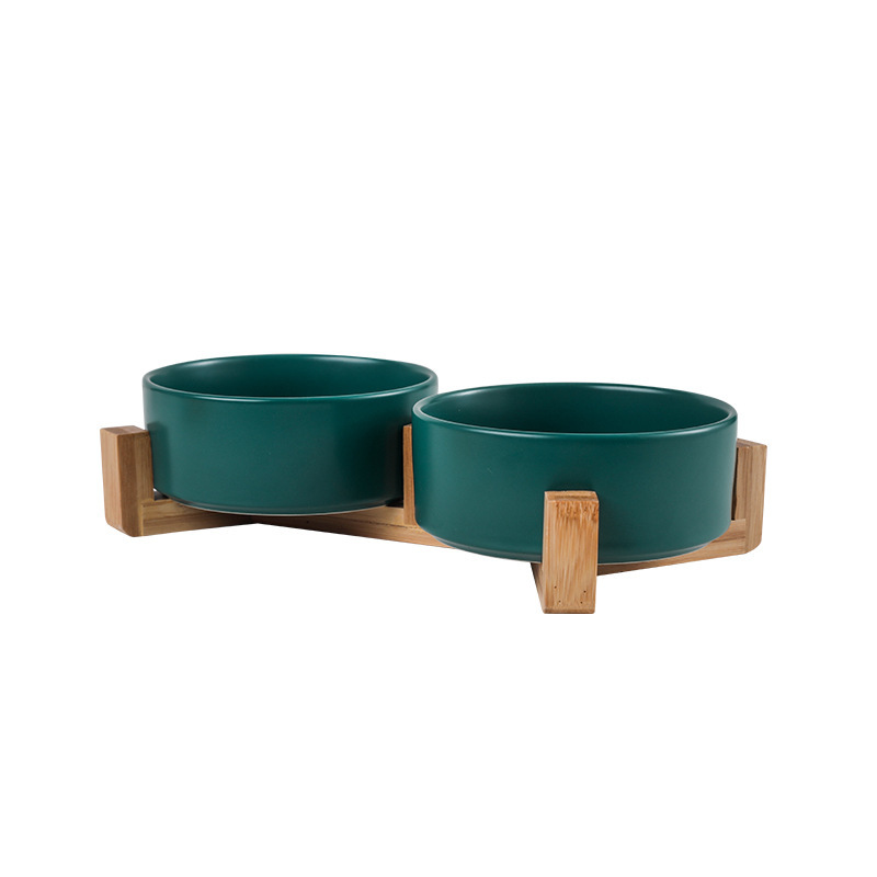 Double bowl wooden frame straight mouth ceramic green 2