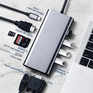 1000Mbps RJ45 11合1 <span class=keywords><strong>USB</strong></span> 3.0集线器，适用于笔记本电脑适配器PC 11端口坞站HDTV-4K TF/sd卡，适用于Macbook Type-C分离器