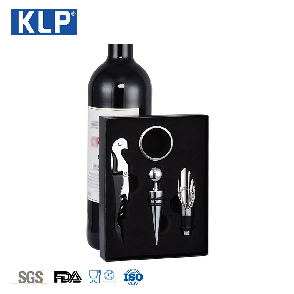Klp conjunto de 4 peças de garrafa de vinho, conjunto de acessórios de metal para vinho tinto, com caixa preta, clássico