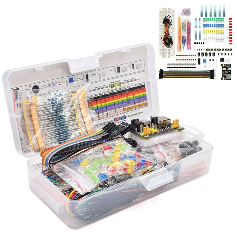 Kit de tablero de pan de 830 agujeros y 830 puntos de conexión, kit de componentes electrónicos de tablero de pan y caja
