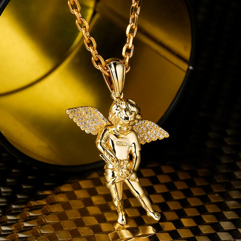 Krkc pingente de anjo polonês, joias religiosas de ouro banhado a ouro, pingente de zircônia, mini colar de anjo cúpico cherub