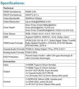 Admite 1 entrada HDMI, 1 salida de bucle HDMI y 4 salidas CAT HDMI2.0b 1X4 divisor de más de 60m