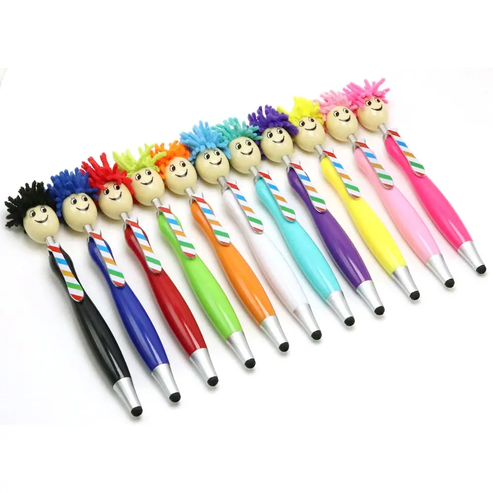 Bonito bolígrafo de personaje de dibujos animados kawaii con cara sonriente promocional con bolígrafo de corbata personalizado Mop Topper Stylus Pen