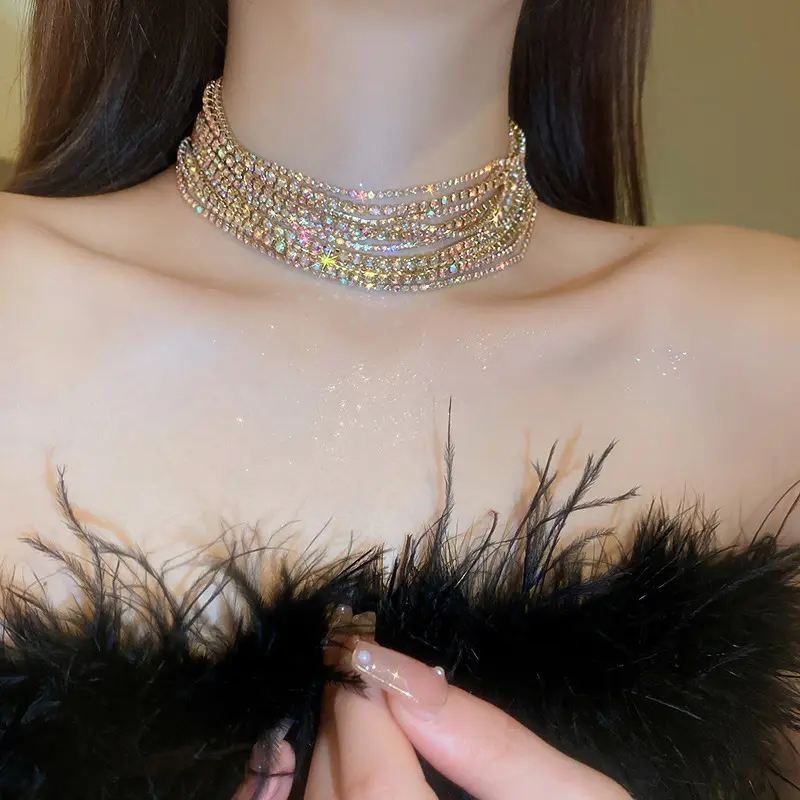 Girocollo di cristallo colorato di lusso collane da donna multistrato catena in oro collane collare