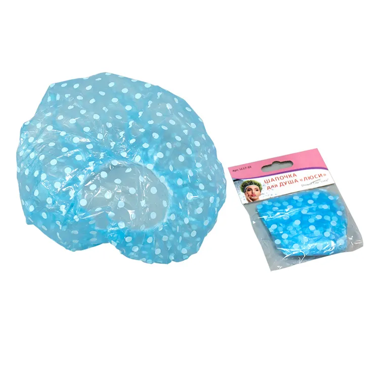 Blue White Dots Disposable Pe Plastic Shower Cap
