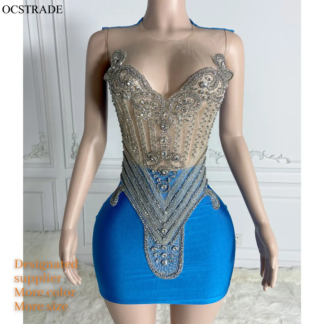 Ocstrade Brilhante Prata Rhinestone Applique Corpete Aberto De Volta Cetim Mini Vestido De Clube Oco Out Azul Royal Vestido De Dama Mulheres