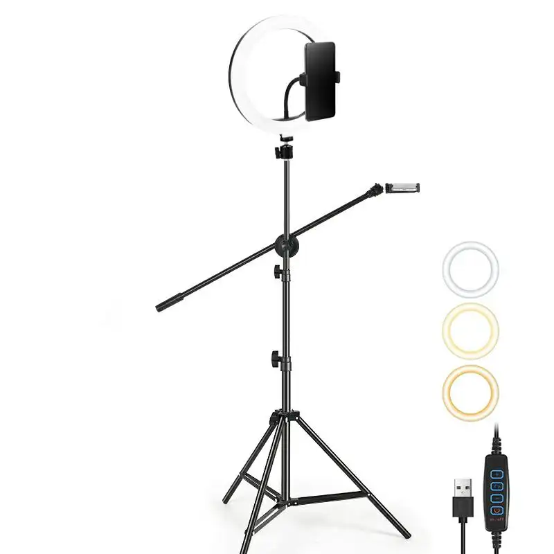 Anillo de luz de 10 pulgadas con soporte para teléfono móvil, Kit de iluminación de brazo de 70cm para transmisión en vivo, maquillaje, 2M