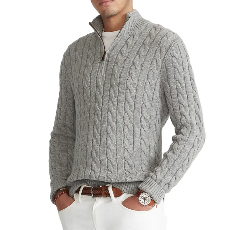 Suéter Jacquard de cuello alto de Cachemira OEM, diseño personalizado, suéter de punto de cuello alto con media cremallera para hombre