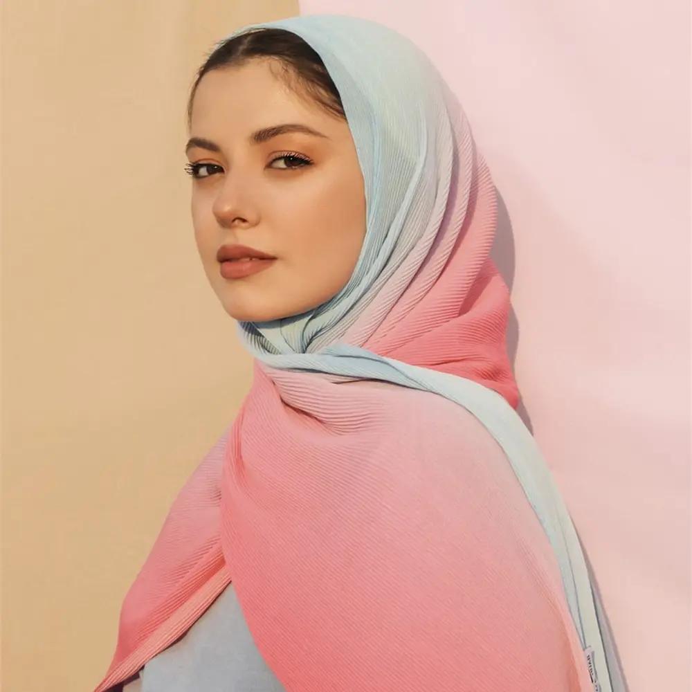 卸売2022ファッションイスラム服レトロリンクルショール2色グラデーションシフォンヒジャーブモダンスカーフ