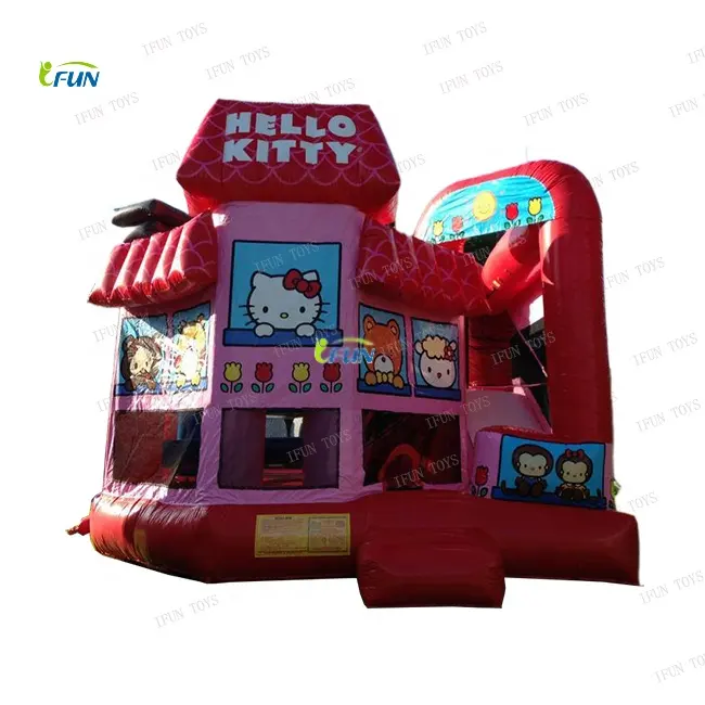 Casa inflável para crianças 5 em 1 Hello Kitty, castelo inflável, corrediça de água para festa de aniversário
